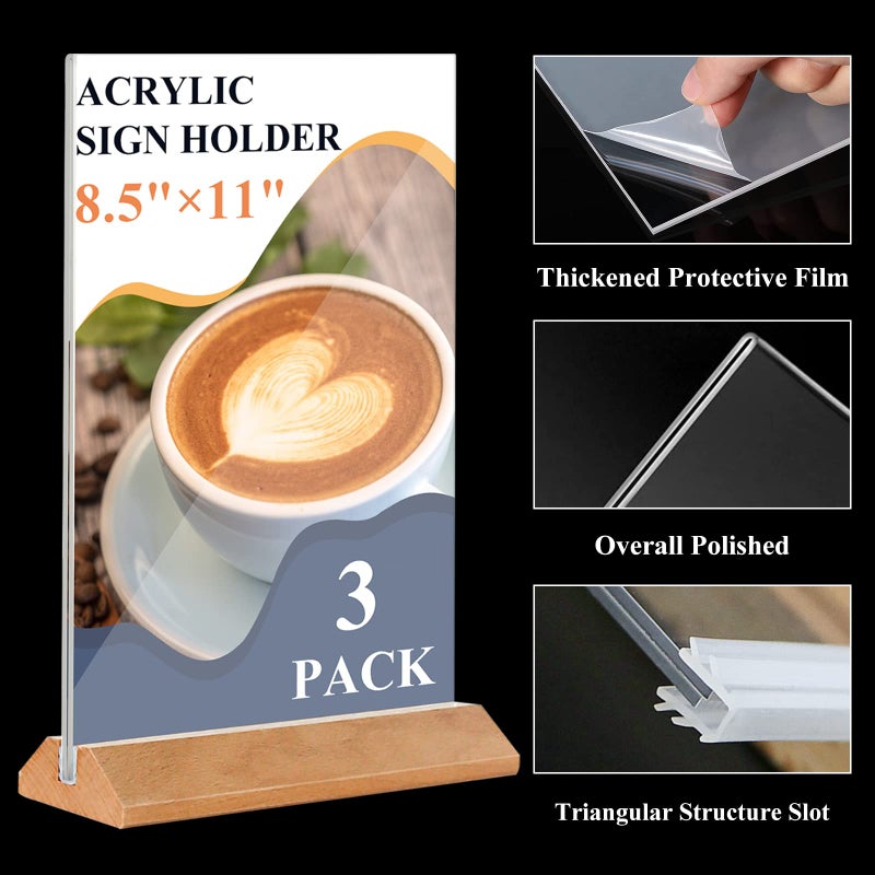 DunGu Acrylic Sign Holder 8.5 x 11 - 3Pack Acrylic Display Stands with Wood Base,Double Sided Picture Frames, Flyer Paper Holder,Small Business Essentials for Wedding,Centerpiece,Restaurants Office Store - Image 3